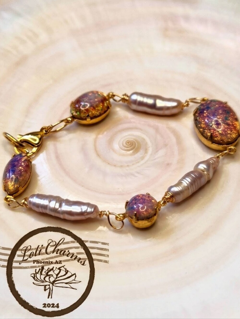 Pink Fire Opal In Glass And Baroque Pearls In Rae Tennis Bracelet Gold Plated